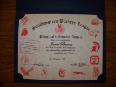 2016 Principal's Scholar Athlete Certificate Jared Brown