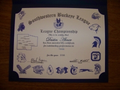 2016 SWBL Champion Certificate Dustin Abner