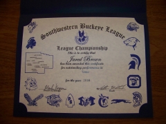2016 SWBL Champion Certificate Jared Brown
