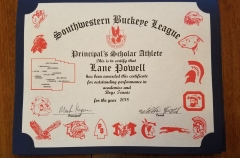 2018 Principal's Scholar Athlete Certificate Lane Powell